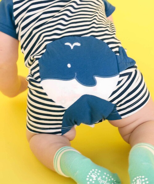 SLAP SLIP BABY（スラップスリップベビー）の「くじらクマ恐竜アニマルおしりモチーフボーダー切り替えロンパースベビー(60~80cm)（ロンパース・キッズ・ベージュ系その他/グリーン系その他/ブルー系その他2・60cm/80ｃｍ/70cm）」の5枚目の写真