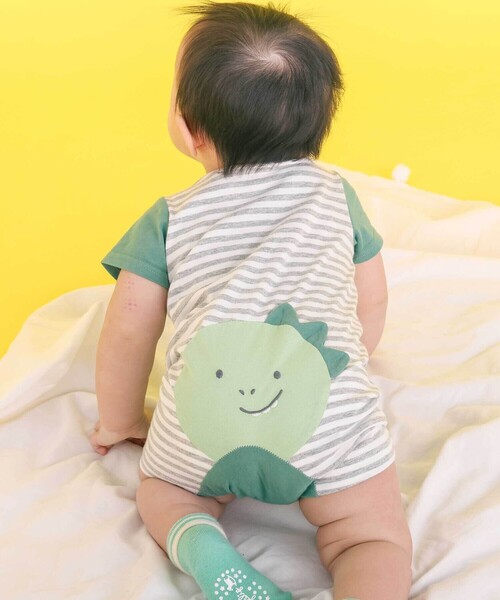 SLAP SLIP BABY（スラップスリップベビー）の「くじらクマ恐竜アニマルおしりモチーフボーダー切り替えロンパースベビー(60~80cm)（ロンパース・キッズ・ベージュ系その他/グリーン系その他/ブルー系その他2・60cm/80ｃｍ/70cm）」の6枚目の写真