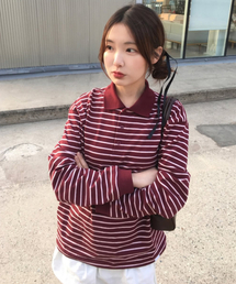 URBANDTYPE（アーバンディタイプ）の「パリスストライプロングスリーブポロTシャツ_バーガンディ（Tシャツ/カットソー）」
