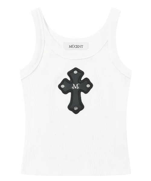 MUCENT（ムセント）の「◇MUCENT◇ブランド直輸入正規品/テオ クロス レザー パッチ ノースリーブ THEO CROSS LEATHER PATCH SLEEVELESS（タンクトップ・レディース・ブラック/ホワイト・FREE）」の2枚目の写真