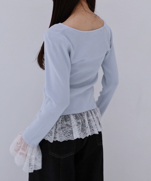 archives(アルシーヴ)の「レースドッキングギャザーニットカーディガン(カーディガン/ボレロ・レディース・ネイビー/オフホワイト/ブルー・MEDIUM)」の7枚目の写真