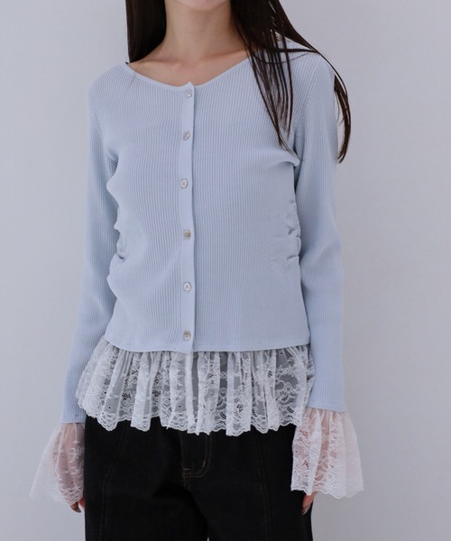 archives(アルシーヴ)の「レースドッキングギャザーニットカーディガン(カーディガン/ボレロ・レディース・ネイビー/オフホワイト/ブルー・MEDIUM)」の4枚目の写真