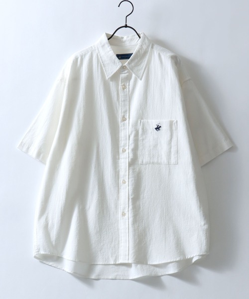 BEVERLY HILLS POLO CLUB(ビバリーヒルズポロクラブ)の「BEVERLY HILLS POLO CLUB/ビバリーヒルズポロクラブ ワンポイント刺繍 ビッグシルエット ハイツイストコットン 無地 チェック ストライプ レギュラーカラーシャツ 半袖シャツ レディース メンズ(シャツ/ブラウス・メンズ・オフホワイト/ブルー/ベージュ系その他2/ブルー系その他/スミクロ/ブラック系その他/ベージュ系その他・LL/M/L)」の8枚目の写真