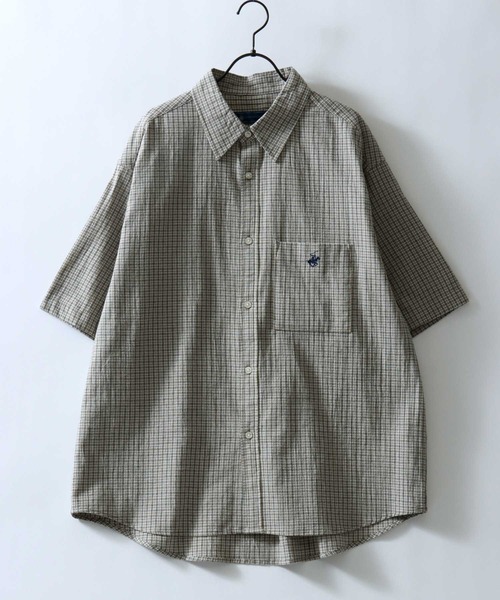 BEVERLY HILLS POLO CLUB(ビバリーヒルズポロクラブ)の「BEVERLY HILLS POLO CLUB/ビバリーヒルズポロクラブ ワンポイント刺繍 ビッグシルエット ハイツイストコットン 無地 チェック ストライプ レギュラーカラーシャツ 半袖シャツ レディース メンズ(シャツ/ブラウス・メンズ・オフホワイト/ブルー/ベージュ系その他2/ブルー系その他/スミクロ/ブラック系その他/ベージュ系その他・LL/M/L)」の12枚目の写真