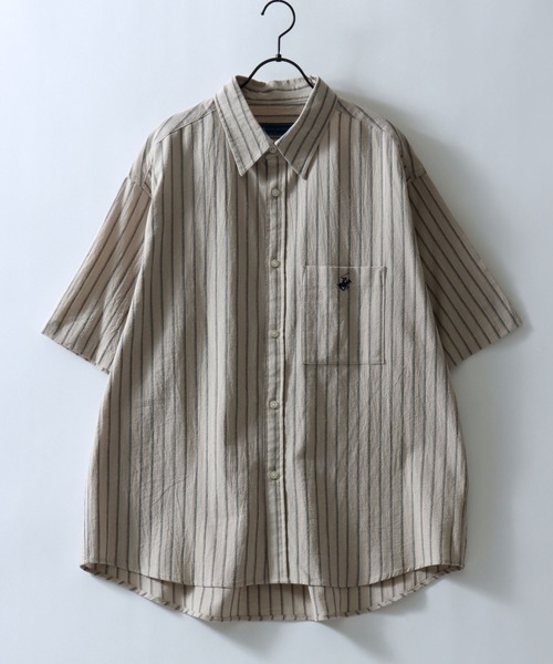 BEVERLY HILLS POLO CLUB(ビバリーヒルズポロクラブ)の「BEVERLY HILLS POLO CLUB/ビバリーヒルズポロクラブ ワンポイント刺繍 ビッグシルエット ハイツイストコットン 無地 チェック ストライプ レギュラーカラーシャツ 半袖シャツ レディース メンズ(シャツ/ブラウス・メンズ・オフホワイト/ブルー/ベージュ系その他2/ブルー系その他/スミクロ/ブラック系その他/ベージュ系その他・LL/M/L)」の13枚目の写真