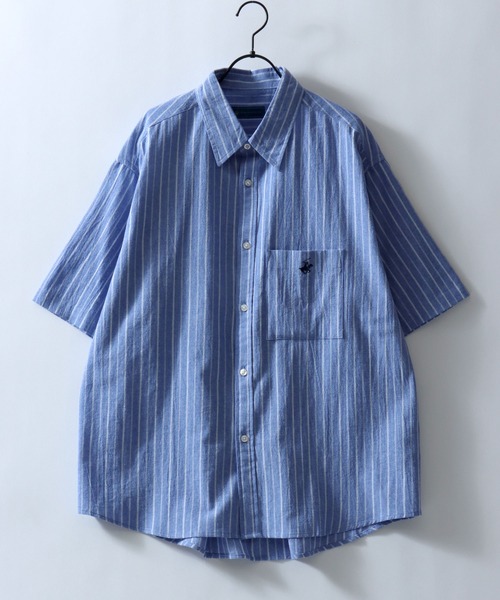 BEVERLY HILLS POLO CLUB(ビバリーヒルズポロクラブ)の「BEVERLY HILLS POLO CLUB/ビバリーヒルズポロクラブ ワンポイント刺繍 ビッグシルエット ハイツイストコットン 無地 チェック ストライプ レギュラーカラーシャツ 半袖シャツ レディース メンズ(シャツ/ブラウス・メンズ・オフホワイト/ブルー/ベージュ系その他2/ブルー系その他/スミクロ/ブラック系その他/ベージュ系その他・LL/M/L)」の14枚目の写真