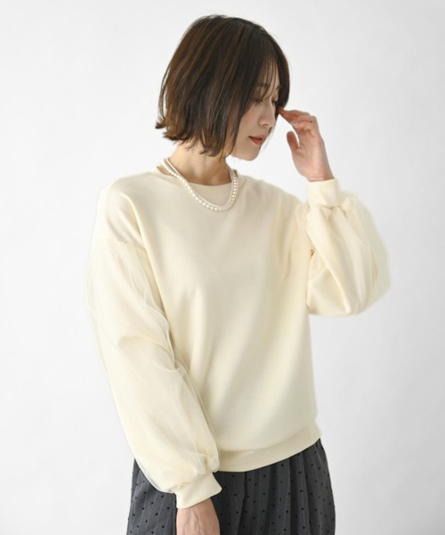 Ehre style(エーレスタイル)の「ひと癖が好き!チュール袖トップス(スウェット・レディース・ブラック/アイボリー・FREE)」の3枚目の写真