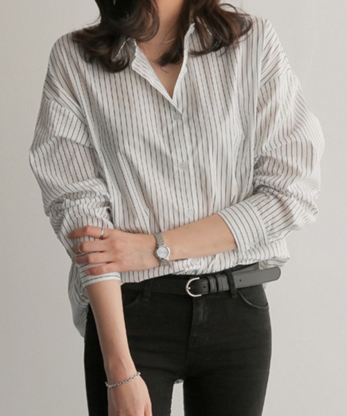 mielu(ミエル)の「クラシックストライプシャツ(シャツ/ブラウス・レディース・ネイビー/ホワイト・MEDIUM/LARGE)」の10枚目の写真