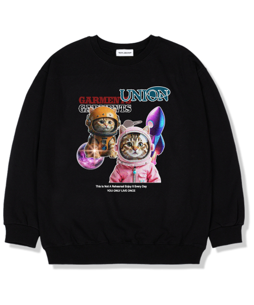 Union Garments(ユニオンガーメンツ)の「スペースキャット 起毛裏地 オーバーサイズ スウェットシャツ ブラック(スウェット・レディース・その他・L/XL/XXL)」の1枚目の写真
