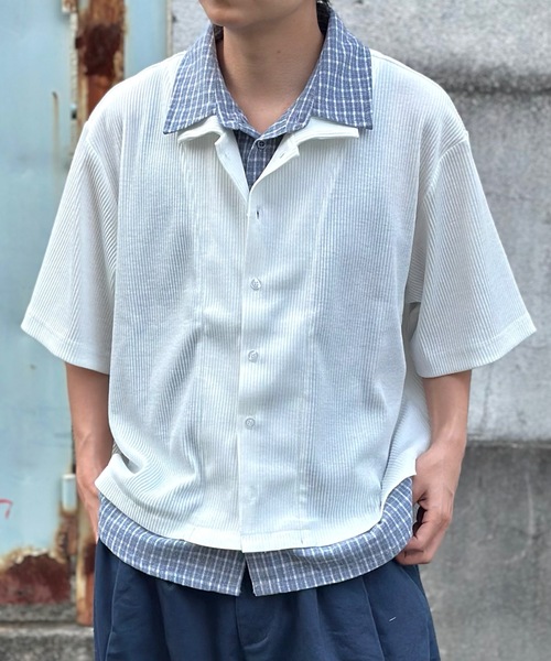 MandO(エムオー)(エムオー)の「レイヤードショートシャツ/無地&チェック(シャツ/ブラウス・メンズ・ネイビー/チャコールグレー/オフホワイト・LARGE/MEDIUM)」の1枚目の写真