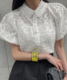 コード刺しゅう花柄前ボタン半袖ブラウス