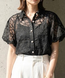コード刺しゅう花柄前ボタン半袖ブラウス