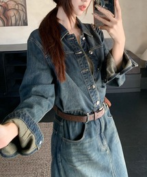 ベルト付きヴィンテージデニムワンピース ロング丈 美シルエットシャツワンピース