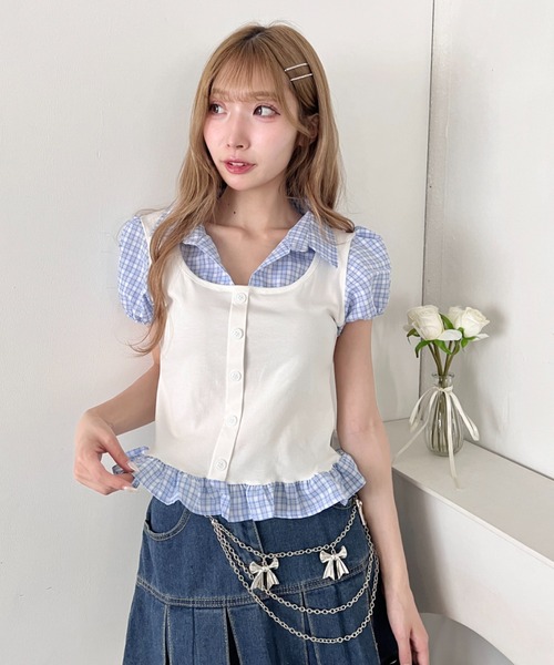 Loueme(ルエム)の「レイヤードチェックシャツ(Tシャツ/カットソー・レディース・オフホワイト/グレー/ブラック・FREE)」の5枚目の写真