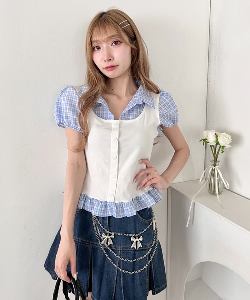 Loueme(ルエム)の「レイヤードチェックシャツ(Tシャツ/カットソー・レディース・オフホワイト/グレー/ブラック・FREE)」の6枚目の写真