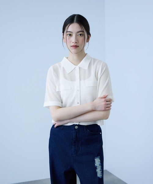 VICKY(ビッキー)の「メッシュポロラメニットカーデ(カーディガン/ボレロ・レディース・オフホワイト/ライトグレー/ブラック・M)」の1枚目の写真