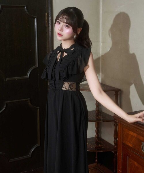 OLIVE des OLIVE（オリーブデオリーブ）の「【Belle Charme】Ribbon Neck Long Onepiece（ワンピース・レディース・ブラック/オフホワイト/チェック・SMALL/MEDIUM）」の2枚目の写真
