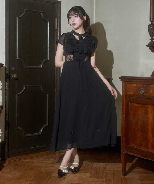 OLIVE des OLIVE（オリーブデオリーブ）の「【Belle Charme】Ribbon Neck Long Onepiece（ワンピース・レディース・ブラック/オフホワイト/チェック・SMALL/MEDIUM）」の7枚目の写真
