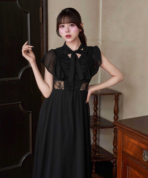 OLIVE des OLIVE（オリーブデオリーブ）の「【Belle Charme】Ribbon Neck Long Onepiece（ワンピース・レディース・ブラック/オフホワイト/チェック・SMALL/MEDIUM）」の6枚目の写真