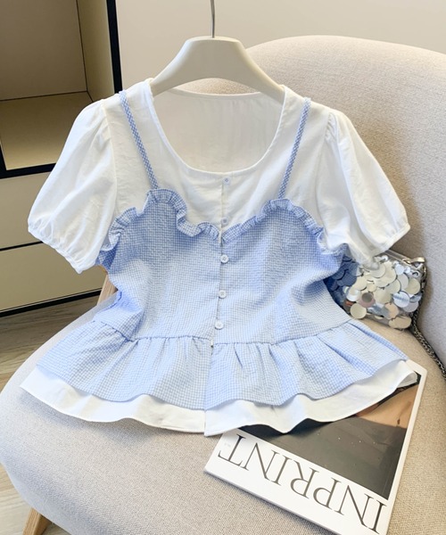 LUCPY（ラクピー）の「ビスチェドッキングフリルブラウス（シャツ/ブラウス・レディース・ライトブルー/グレー/ピンク・X-LARGE/LARGE/MEDIUM/SMALL）」の2枚目の写真