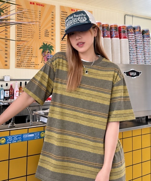 Ressaca(レサーカ)の「オーバーサイズマルチボーダーTシャツ(Tシャツ/カットソー・メンズ・ネイビー/イエロー/ピンク/ブルー/グレー・M/L/XL)」の1枚目の写真