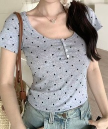 ラウンドネック ドット柄 フロントボタン 半袖Tシャツ