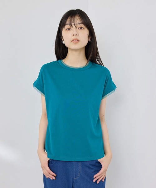 NAVY(ネイビー)の「【SARARI /サラリ】冷感 DRY チュールレース使いUVカットTシャツ(Tシャツ/カットソー・レディース・チャコール/ターコイズブルー/オフホワイト・M/L)」の1枚目の写真