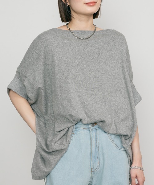 MARAI(マーライ)の「ドルマン半袖ボートネックカットソー Tシャツ コットン100% 無地(Tシャツ/カットソー・レディース・ネイビー/杢グレー・4L~5L)」の1枚目の写真