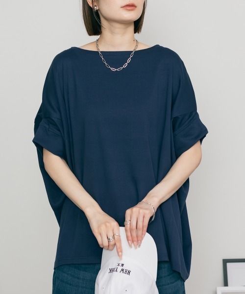 MARAI(マーライ)の「ドルマン半袖ボートネックカットソー Tシャツ コットン100% 無地(Tシャツ/カットソー・レディース・ネイビー/杢グレー・4L~5L)」の2枚目の写真