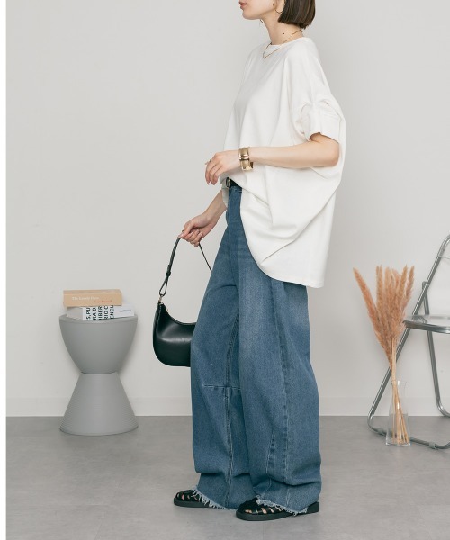 MARAI(マーライ)の「ドルマン半袖ボートネックカットソー Tシャツ コットン100% 無地(Tシャツ/カットソー・レディース・ネイビー/杢グレー・4L~5L)」の8枚目の写真