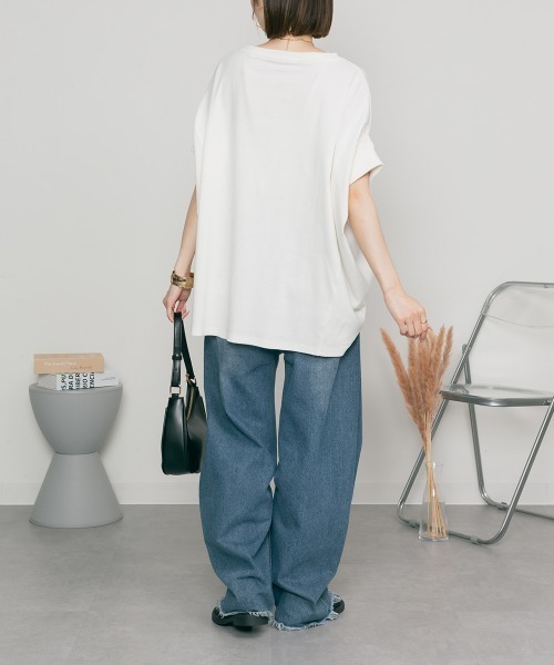 MARAI(マーライ)の「ドルマン半袖ボートネックカットソー Tシャツ コットン100% 無地(Tシャツ/カットソー・レディース・ネイビー/杢グレー・4L~5L)」の7枚目の写真