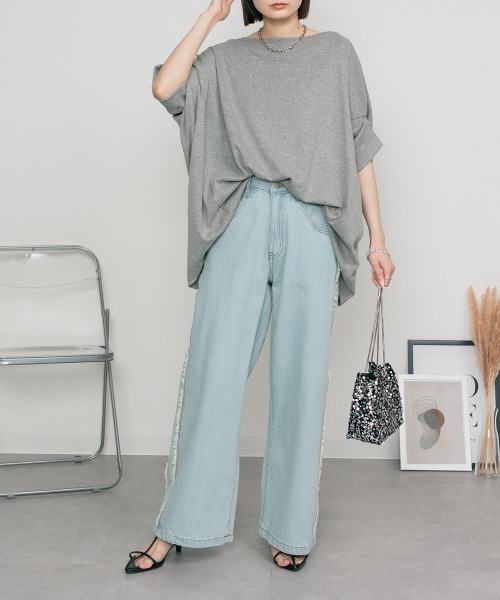 MARAI(マーライ)の「ドルマン半袖ボートネックカットソー Tシャツ コットン100% 無地(Tシャツ/カットソー・レディース・ネイビー/杢グレー・4L~5L)」の3枚目の写真