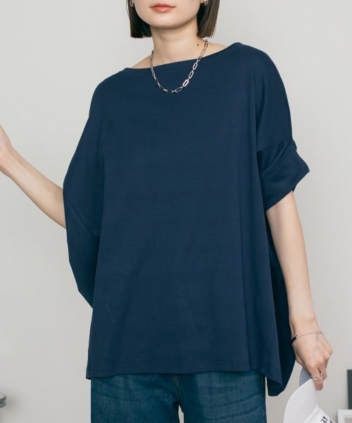 MARAI(マーライ)の「ドルマン半袖ボートネックカットソー Tシャツ コットン100% 無地(Tシャツ/カットソー・レディース・ネイビー/杢グレー・4L~5L)」の21枚目の写真