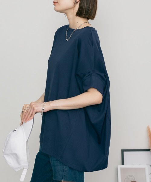 MARAI(マーライ)の「ドルマン半袖ボートネックカットソー Tシャツ コットン100% 無地(Tシャツ/カットソー・レディース・ネイビー/杢グレー・4L~5L)」の20枚目の写真