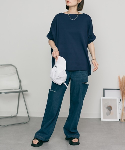 MARAI(マーライ)の「ドルマン半袖ボートネックカットソー Tシャツ コットン100% 無地(Tシャツ/カットソー・レディース・ネイビー/杢グレー・4L~5L)」の18枚目の写真