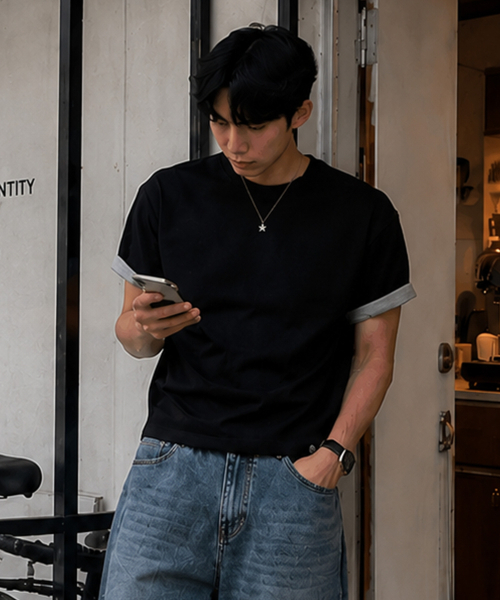 PEID(ペイド)の「PDベーシックロールアップクロップ半袖Tシャツブラック(Tシャツ/カットソー・メンズ・ブラック・1/2/3)」の8枚目の写真