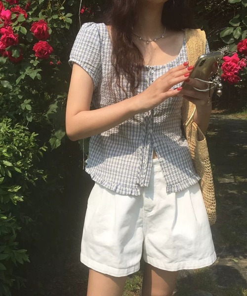 MAISON DE THERESE(メゾン ド テレーズ)の「フレンチギンガムチェック柄 フリルトップス リボンシャツ ブラウス ウエスト紐マーク(シャツ/ブラウス・レディース・Navy/ブルー・M)」の20枚目の写真