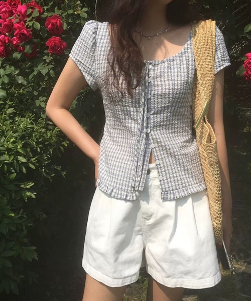 MAISON DE THERESE(メゾン ド テレーズ)の「フレンチギンガムチェック柄 フリルトップス リボンシャツ ブラウス ウエスト紐マーク(シャツ/ブラウス・レディース・Navy/ブルー・M)」の21枚目の写真