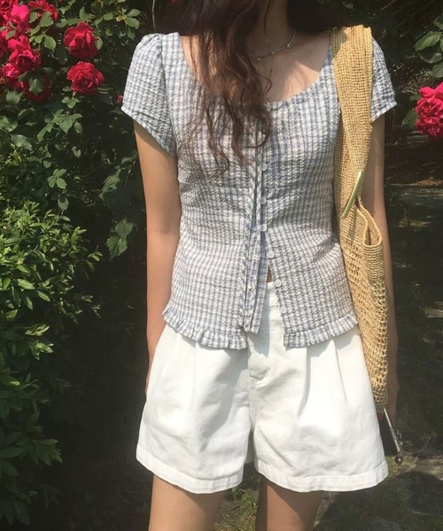 MAISON DE THERESE(メゾン ド テレーズ)の「フレンチギンガムチェック柄 フリルトップス リボンシャツ ブラウス ウエスト紐マーク(シャツ/ブラウス・レディース・Navy/ブルー・M)」の22枚目の写真