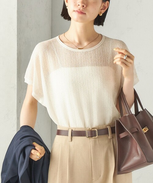 SHIPS（シップス）の「〈手洗い可能〉ラメ シアー フレンチスリーブ ニット プルオーバー（ニット/セーター・レディース・ブラック/オフホワイト/キャメル・ONE SIZE）」の2枚目の写真