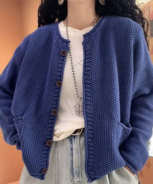 Flugge(フラッジー)の「ノーカラーニットカーディガン(カーディガン/ボレロ・レディース・ネイビー/グリーン・LARGE/MEDIUM)」の2枚目の写真