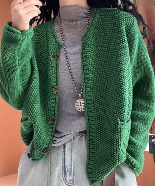 Flugge(フラッジー)の「ノーカラーニットカーディガン(カーディガン/ボレロ・レディース・ネイビー/グリーン・LARGE/MEDIUM)」の1枚目の写真