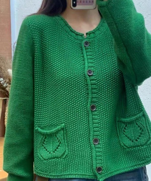 Flugge(フラッジー)の「ノーカラーニットカーディガン(カーディガン/ボレロ・レディース・ネイビー/グリーン・LARGE/MEDIUM)」の3枚目の写真