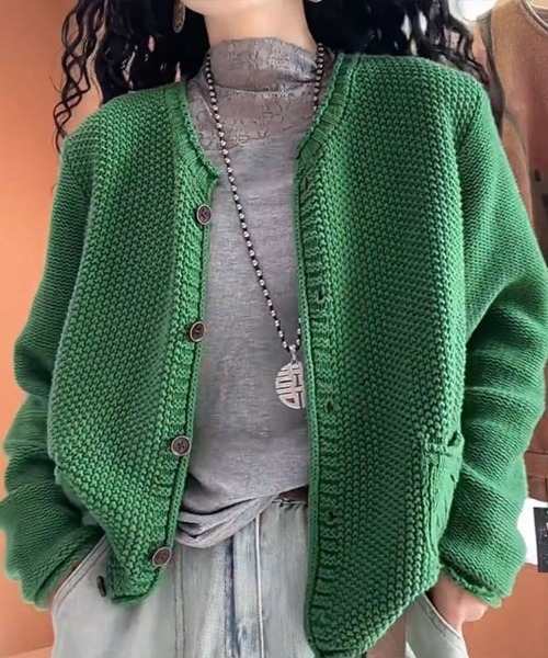Flugge(フラッジー)の「ノーカラーニットカーディガン(カーディガン/ボレロ・レディース・ネイビー/グリーン・LARGE/MEDIUM)」の4枚目の写真