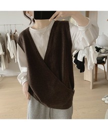深Vネック カシュクール風 ニットベスト