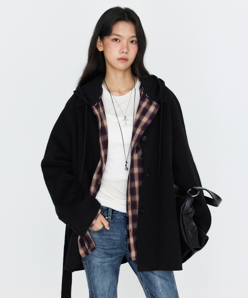 MONGDOL(モンドル)の「オーバーサイズ チェック グラフィック フード付きシャツ ブラック MDSH028BLACK(シャツ/ブラウス・レディース・その他・F)」の3枚目の写真