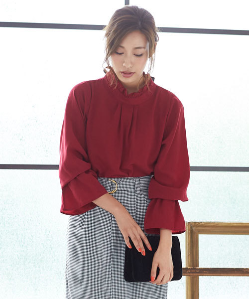 KOBE LETTUCE（コウベレタス）の「[無地/グレンチェック柄]バックリボンデザインフリルカラーキャンディースリーブブラウス/レディーストップス/神戸レタス[C2911]（シャツ/ブラウス・レディース・ボルドー/マスタード/グレー系その他/ホワイト系その他/ブラック系その他/イエロー/ピンク/オフホワイト/ネイビー/ブラック系その他2/グレー系その他2・FREE）」の14枚目の写真