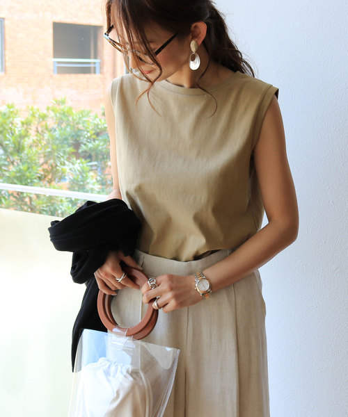 andme(アンドミー)の「綿ノースリーブTシャツ カットソー トップス(Tシャツ/カットソー・レディース・ライトグレー/ベージュ/オレンジ/カーキ/ネイビー/ブラック/オフホワイト・M)」の5枚目の写真