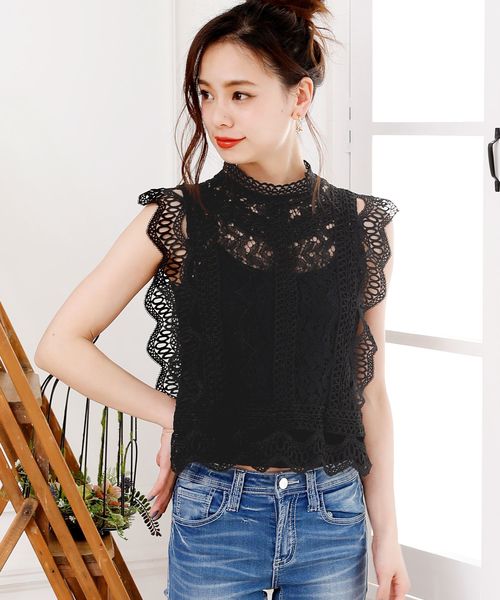 Girly Doll(ガーリードール)の「プチハイネック刺繍レースタンクトップ(タンクトップ・レディース・オフホワイト/ブラック・FREE)」の3枚目の写真