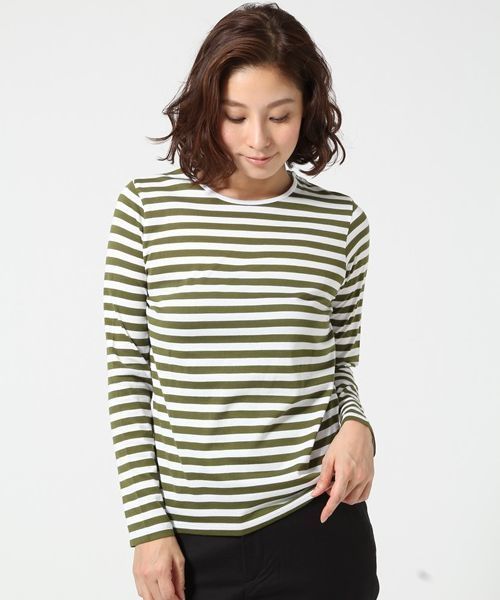 SQUOVAL（スクオーバル）の「スーピマボーダーロングTシャツ（Tシャツ/カットソー・レディース・ライトグレー/グリーン系その他/グレー系その他/ブラック/ネイビー/オレンジ系その他/ホワイト系その他・FREE）」の6枚目の写真